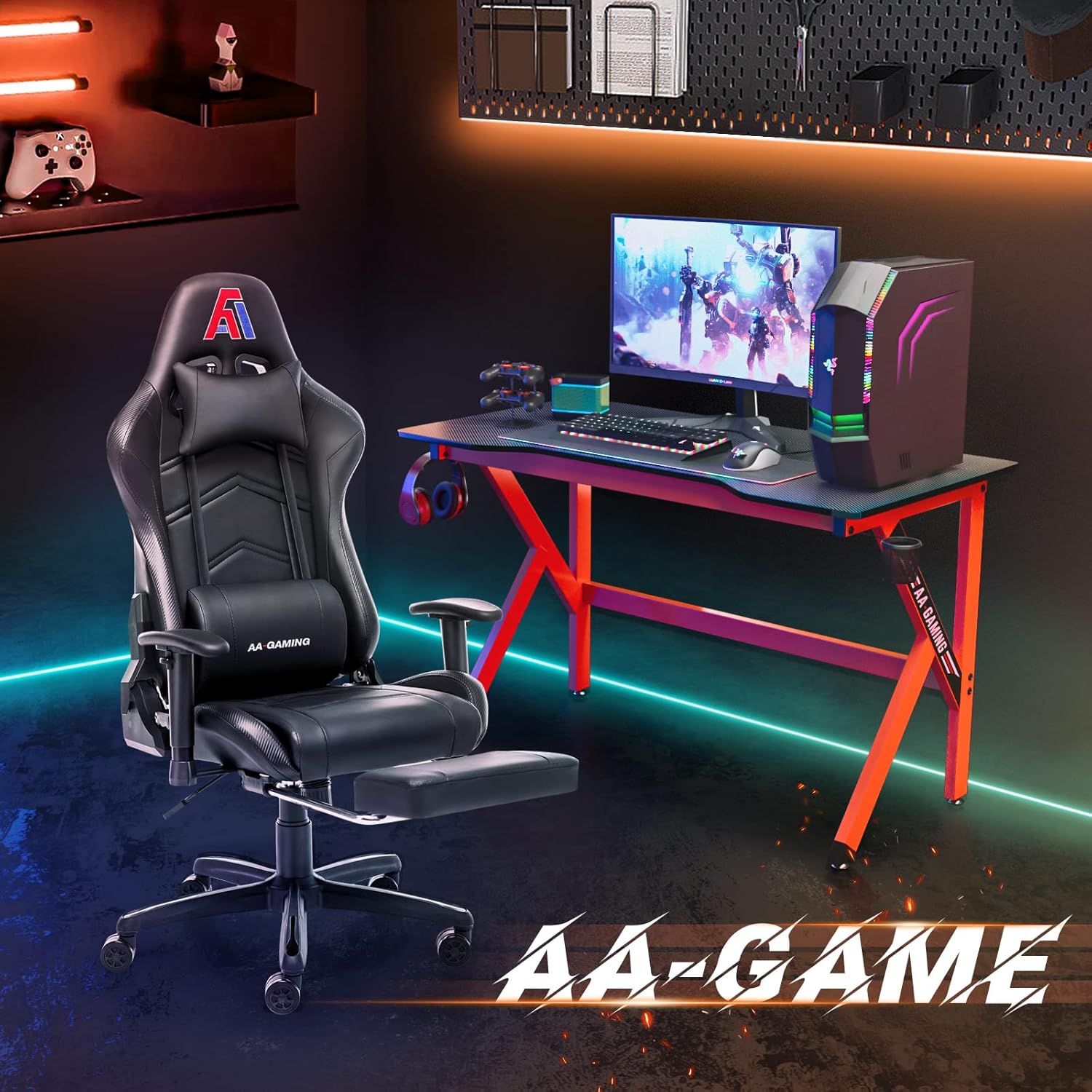 AA Products Gaming Chair Ergonomic High Back Computer Racing Chair Adjustable Office Chair with Footrest, Lumbar Support Swivel Chair - Black - Grand Goldman