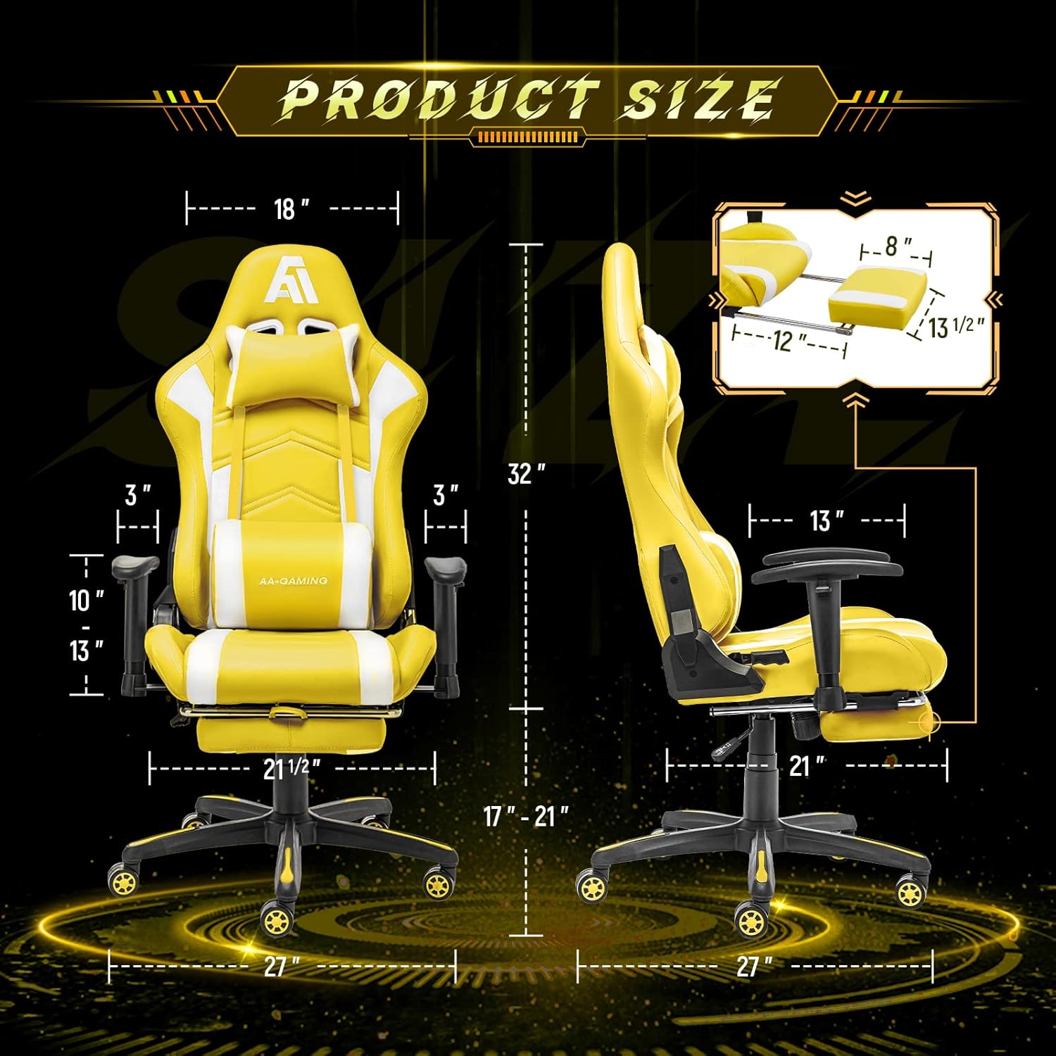 AA Products Gaming Chair Ergonomic High Back Computer Racing Chair Adjustable Office Chair with Footrest, Lumbar Support Swivel Chair - Black - Grand Goldman