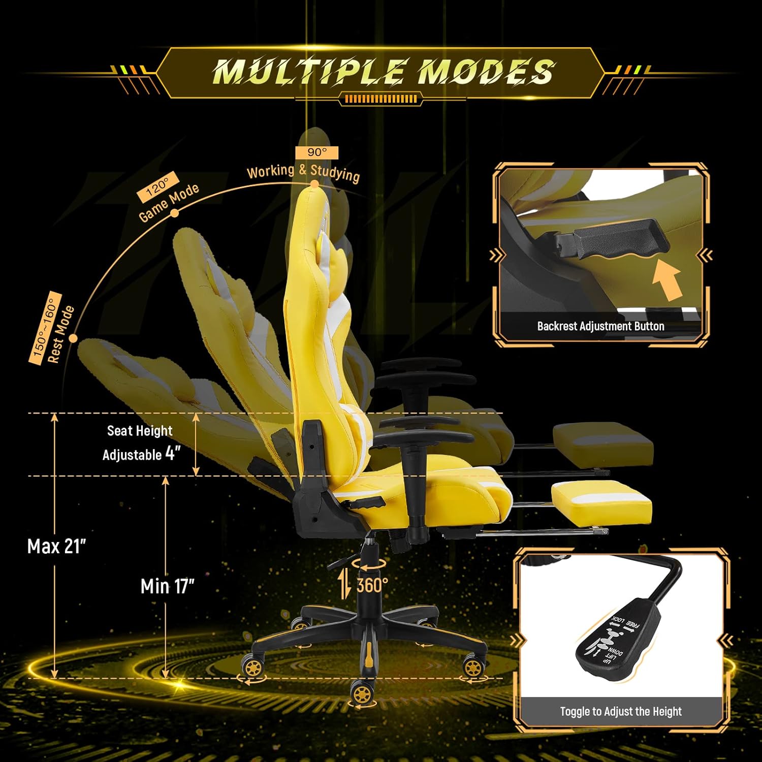 AA Products Gaming Chair Ergonomic High Back Computer Racing Chair Adjustable Office Chair with Footrest, Lumbar Support Swivel Chair - Black - Grand Goldman