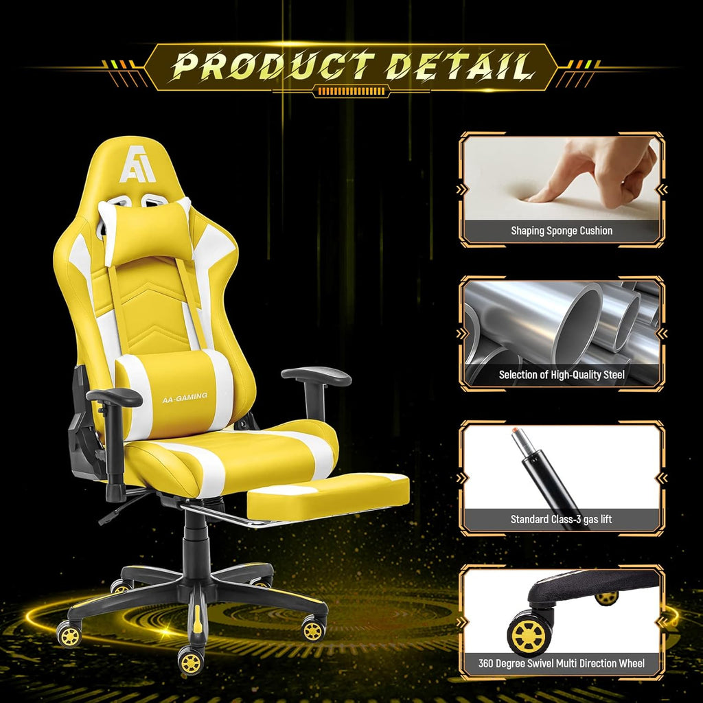 AA Products Gaming Chair Ergonomic High Back Computer Racing Chair Adjustable Office Chair with Footrest, Lumbar Support Swivel Chair - Black - Grand Goldman