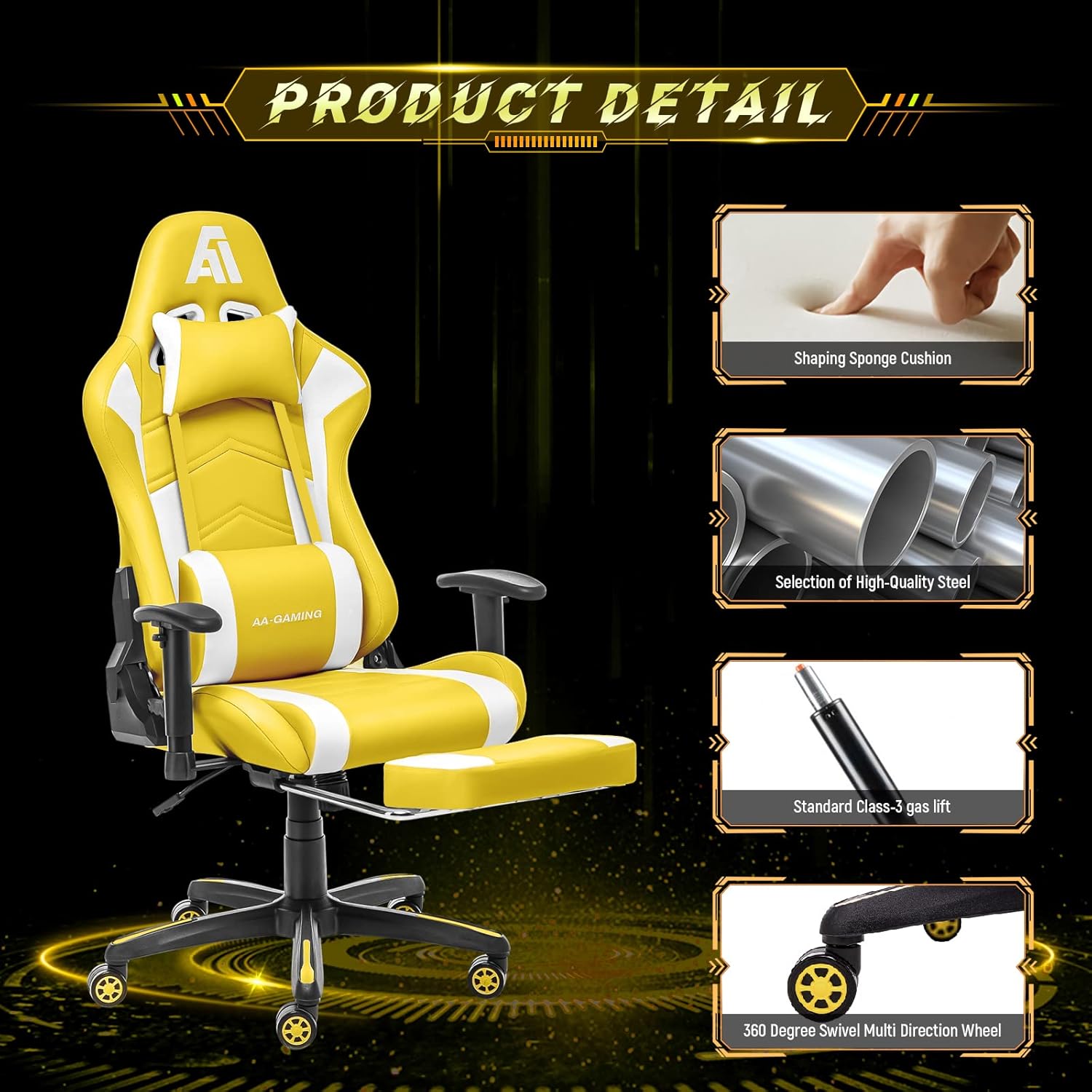 AA Products Gaming Chair Ergonomic High Back Computer Racing Chair Adjustable Office Chair with Footrest, Lumbar Support Swivel Chair - Black - Grand Goldman