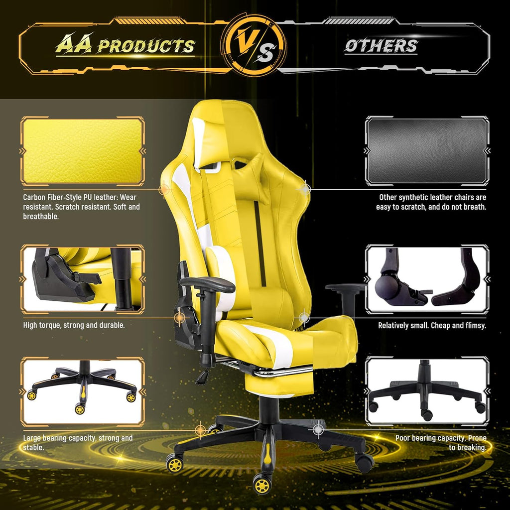 AA Products Gaming Chair Ergonomic High Back Computer Racing Chair Adjustable Office Chair with Footrest, Lumbar Support Swivel Chair - Black - Grand Goldman
