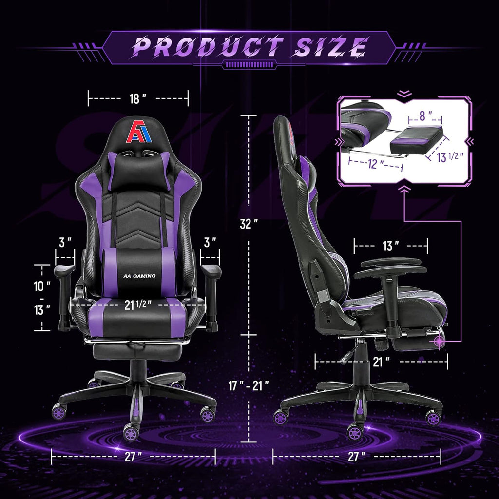 AA Products Gaming Chair Ergonomic High Back Computer Racing Chair Adjustable Office Chair with Footrest, Lumbar Support Swivel Chair - Black - Grand Goldman