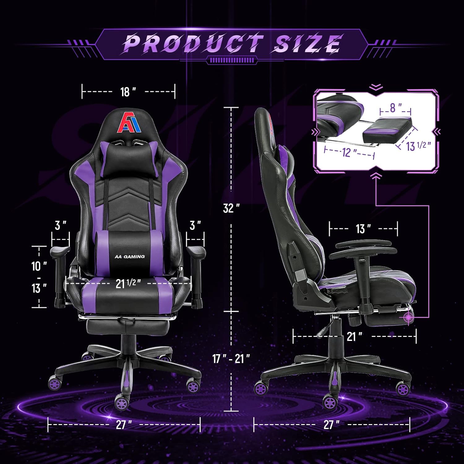 AA Products Gaming Chair Ergonomic High Back Computer Racing Chair Adjustable Office Chair with Footrest, Lumbar Support Swivel Chair - Black - Grand Goldman
