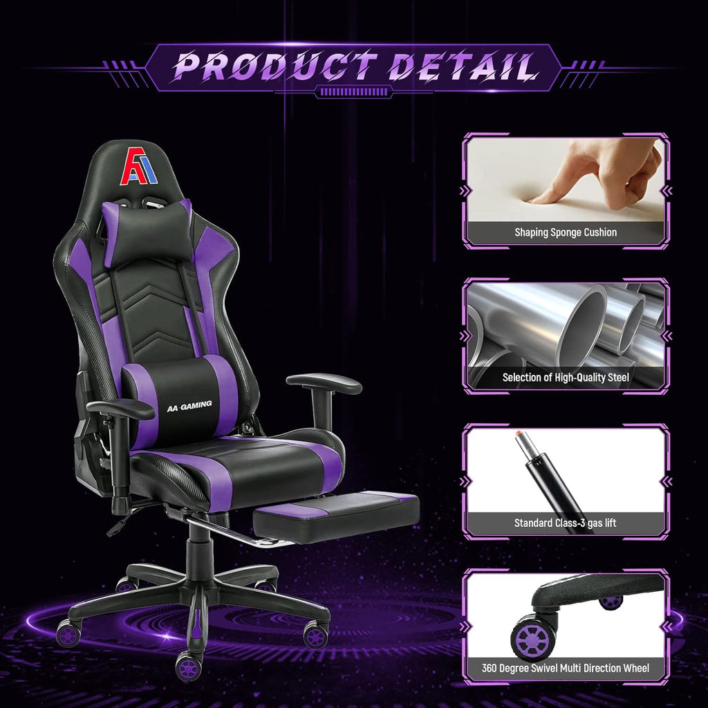 AA Products Gaming Chair Ergonomic High Back Computer Racing Chair Adjustable Office Chair with Footrest, Lumbar Support Swivel Chair - Black - Grand Goldman