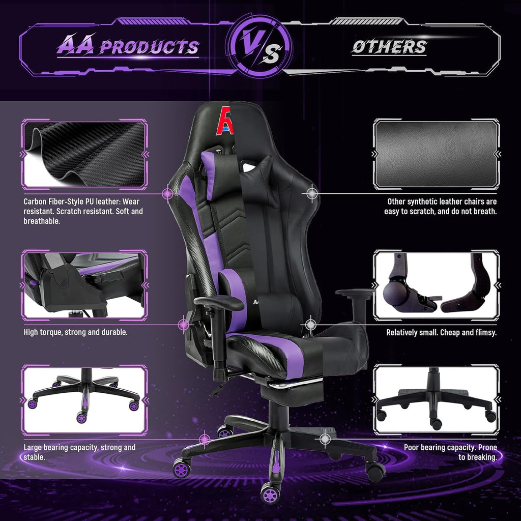 AA Products Gaming Chair Ergonomic High Back Computer Racing Chair Adjustable Office Chair with Footrest, Lumbar Support Swivel Chair - Black - Grand Goldman