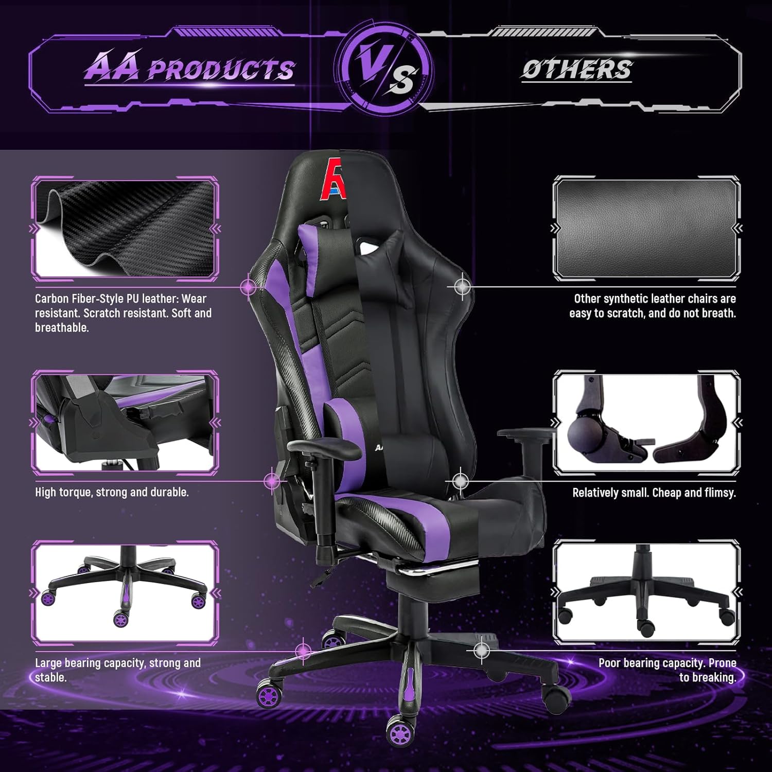 AA Products Gaming Chair Ergonomic High Back Computer Racing Chair Adjustable Office Chair with Footrest, Lumbar Support Swivel Chair - Black - Grand Goldman