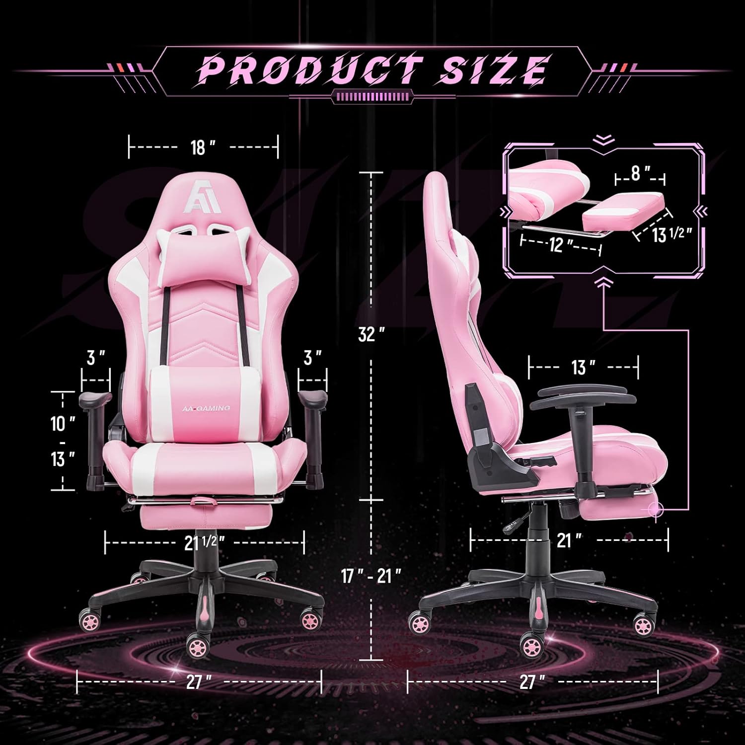 AA Products Gaming Chair Ergonomic High Back Computer Racing Chair Adjustable Office Chair with Footrest, Lumbar Support Swivel Chair - Black - Grand Goldman