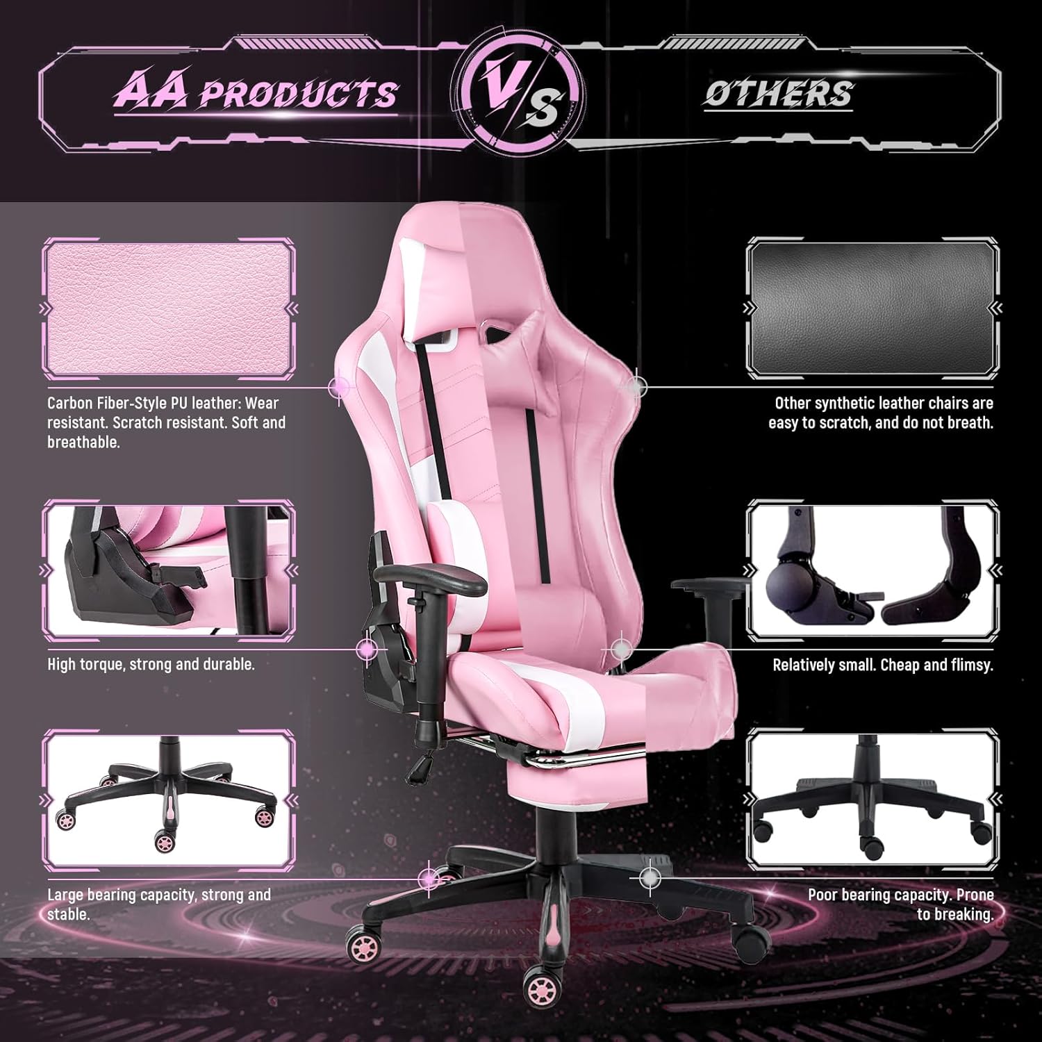 AA Products Gaming Chair Ergonomic High Back Computer Racing Chair Adjustable Office Chair with Footrest, Lumbar Support Swivel Chair - Black - Grand Goldman