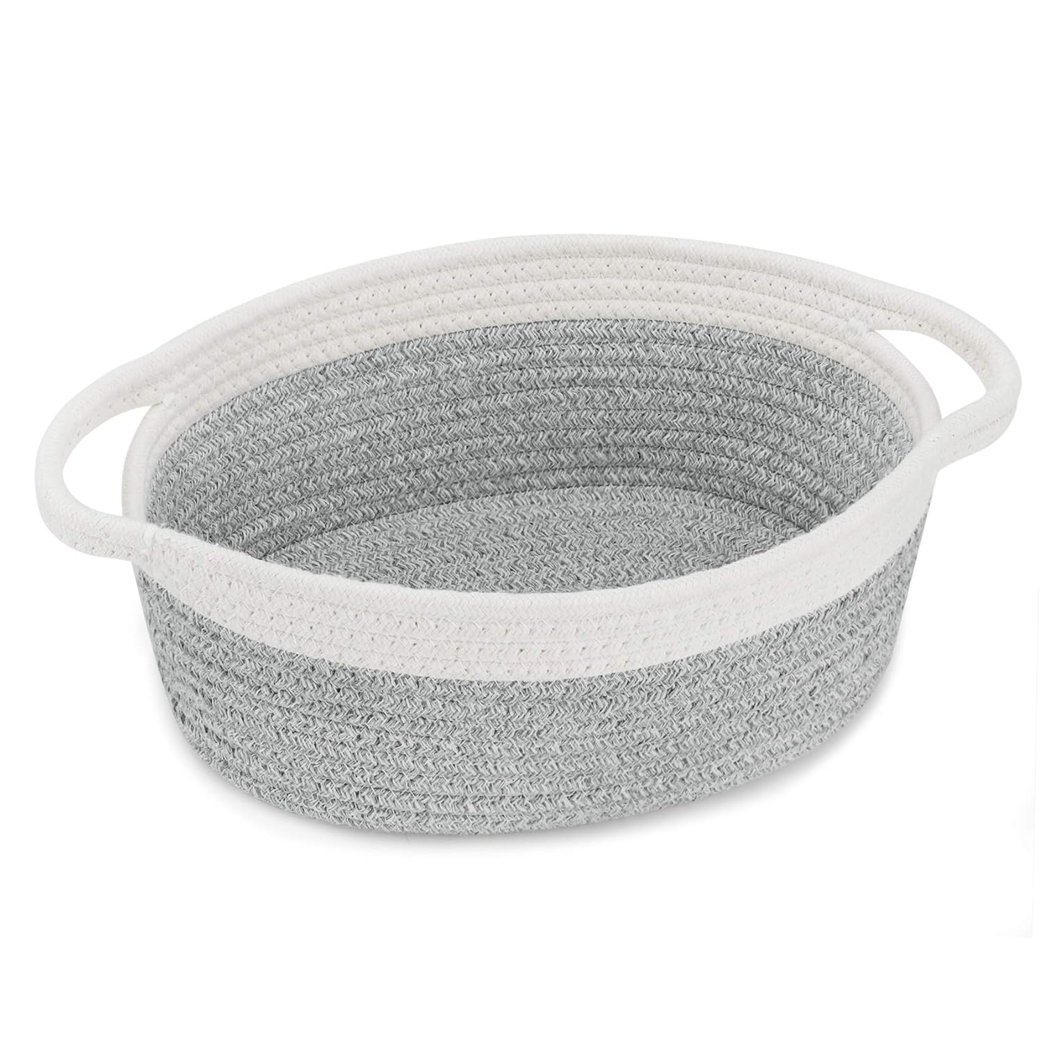 ABenkle Cute Small Woven Basket with Handles, 12"x 8" x 5" Rope Room Shelf Storage Basket Chest Box for Cat and Dog Toys, Empty Decorative Gift - White - Grand Goldman