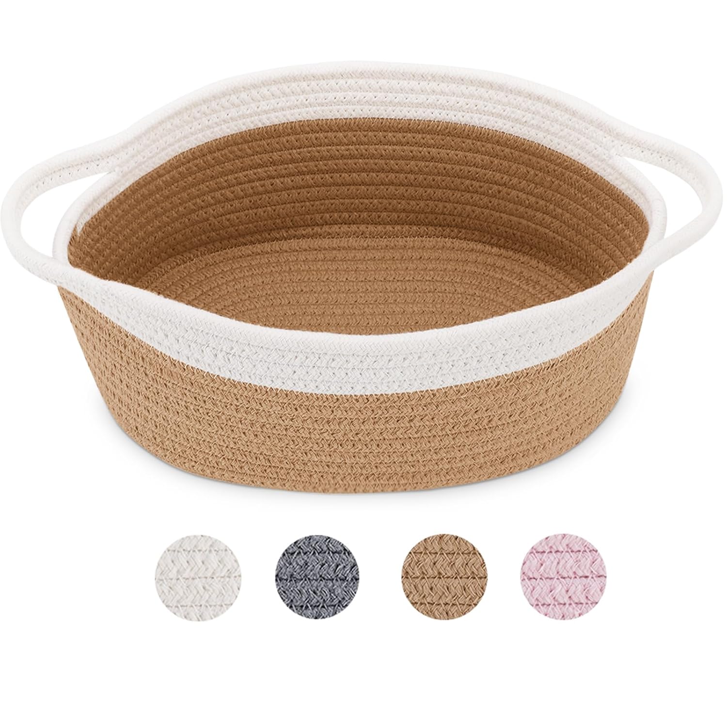 ABenkle Cute Small Woven Basket with Handles, 12"x 8" x 5" Rope Room Shelf Storage Basket Chest Box for Cat and Dog Toys, Empty Decorative Gift - White - Grand Goldman