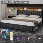 ADORNEVE King Size Bed Frame with LED Lights Headboard, Upholstered Platform Bed with Charging Station, LED Bed Frame with Storage Headboard, Upgraded 2-Row Mid-Beams, Noise-Free, Dark Grey - Grand Goldman