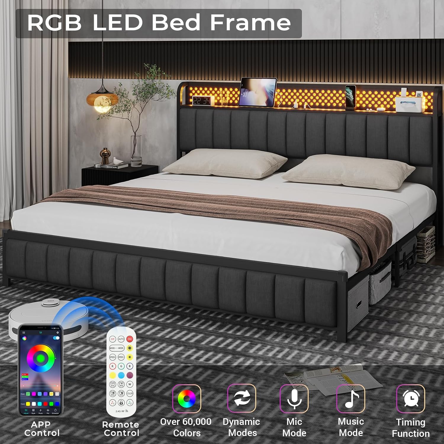 ADORNEVE King Size Bed Frame with LED Lights Headboard, Upholstered Platform Bed with Charging Station, LED Bed Frame with Storage Headboard, Upgraded 2-Row Mid-Beams, Noise-Free, Dark Grey - Grand Goldman