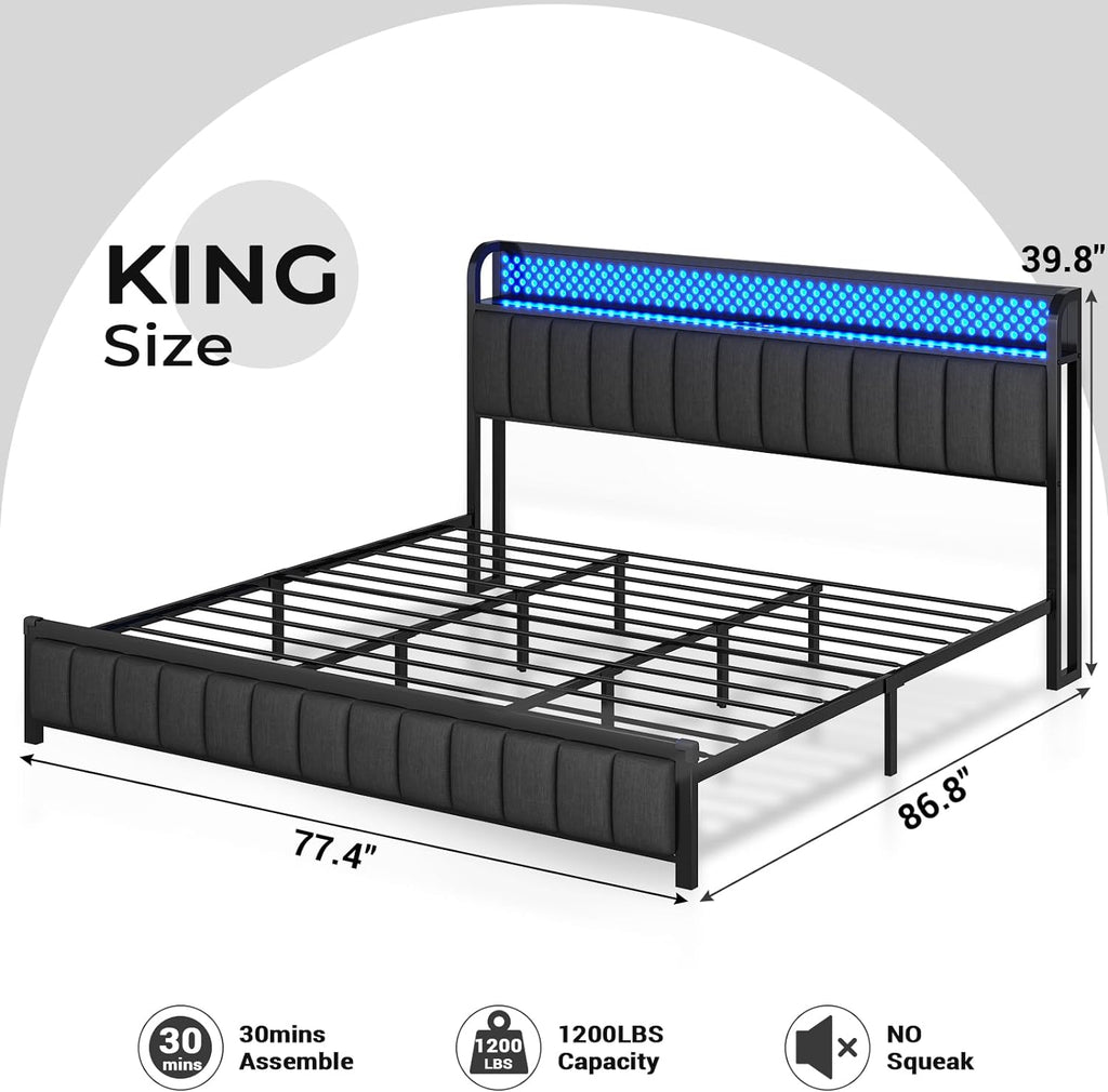 ADORNEVE King Size Bed Frame with LED Lights Headboard, Upholstered Platform Bed with Charging Station, LED Bed Frame with Storage Headboard, Upgraded 2-Row Mid-Beams, Noise-Free, Dark Grey - Grand Goldman