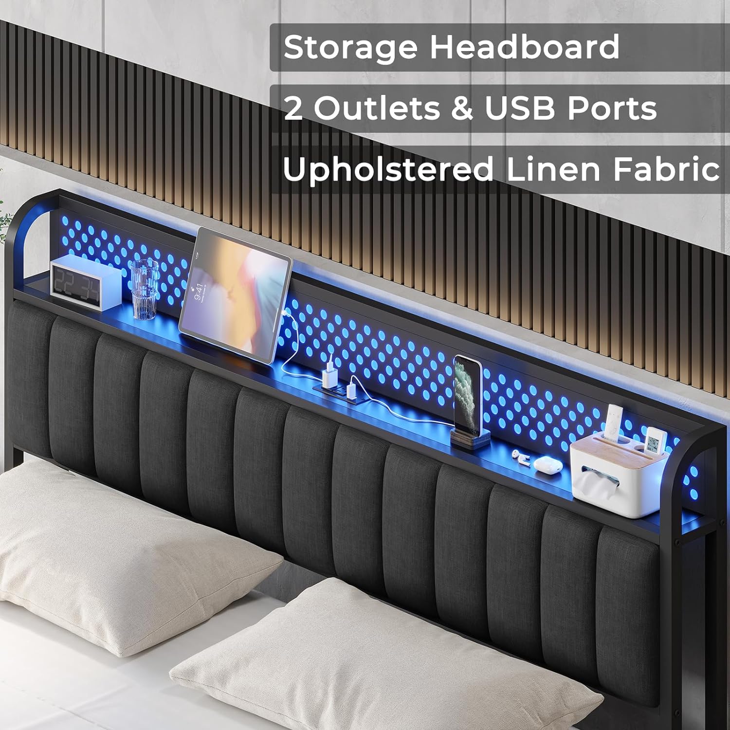 ADORNEVE King Size Bed Frame with LED Lights Headboard, Upholstered Platform Bed with Charging Station, LED Bed Frame with Storage Headboard, Upgraded 2-Row Mid-Beams, Noise-Free, Dark Grey - Grand Goldman