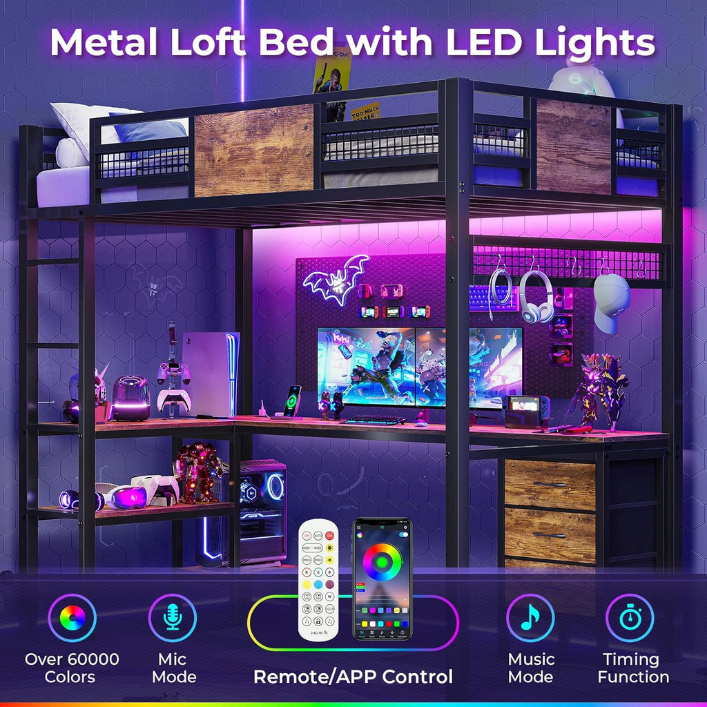 ADORNEVE Loft Bed Twin Size with L-Shaped Desk, LED Lights,Charging Station, Twin Metal Loft Bed Frame with Fabric Drawers & Shelve, 13.4" H Safety Guardrail, No Box Spring Needed, Black - Grand Goldman