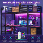 ADORNEVE Loft Bed Twin Size with L-Shaped Desk, LED Lights,Charging Station, Twin Metal Loft Bed Frame with Fabric Drawers & Shelve, 13.4" H Safety Guardrail, No Box Spring Needed, Black - Grand Goldman