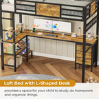 ADORNEVE Loft Bed Twin Size with L-Shaped Desk, LED Lights,Charging Station, Twin Metal Loft Bed Frame with Fabric Drawers & Shelve, 13.4" H Safety Guardrail, No Box Spring Needed, Black - Grand Goldman
