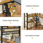 ADORNEVE Loft Bed Twin Size with L-Shaped Desk, LED Lights,Charging Station, Twin Metal Loft Bed Frame with Fabric Drawers & Shelve, 13.4" H Safety Guardrail, No Box Spring Needed, Black - Grand Goldman