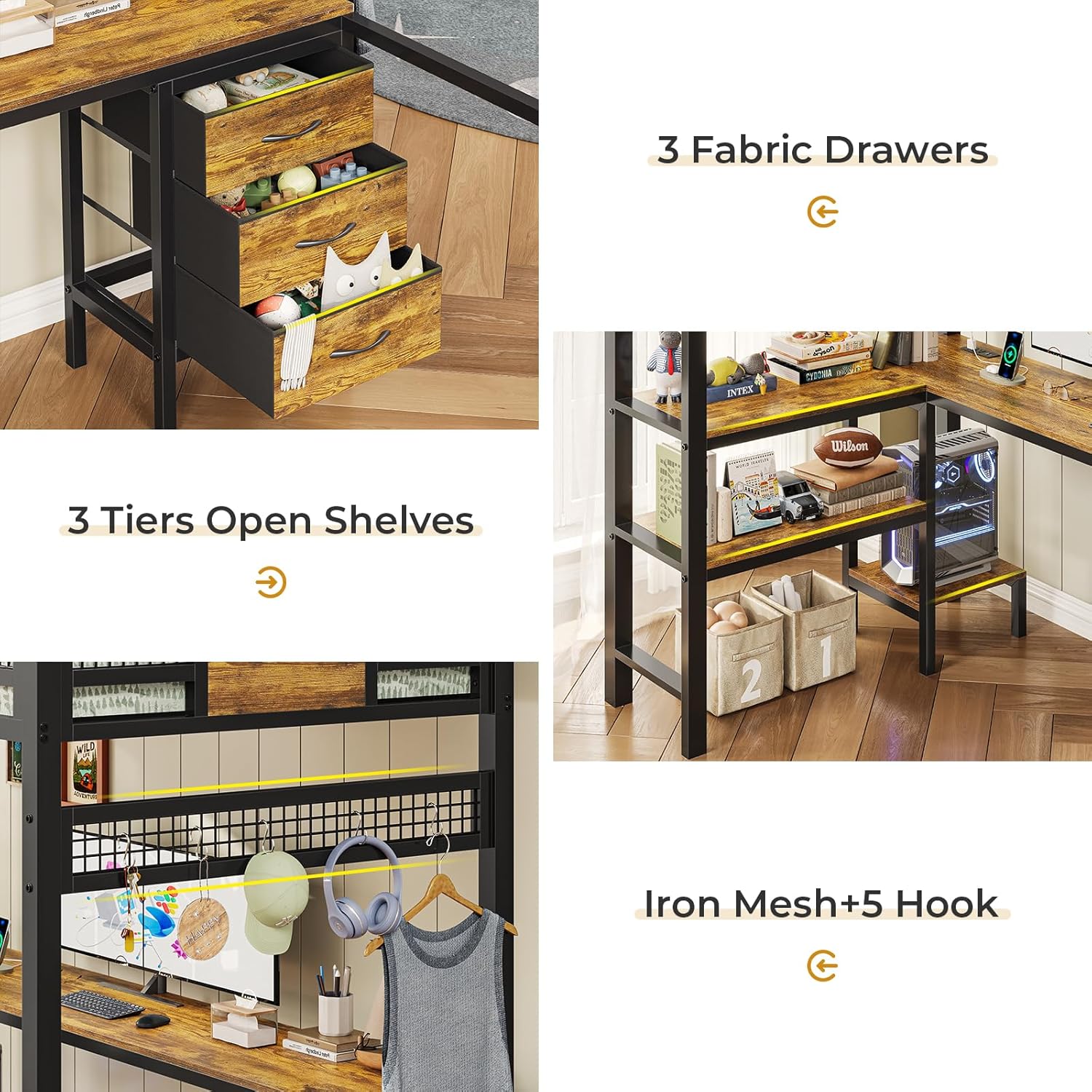 ADORNEVE Loft Bed Twin Size with L-Shaped Desk, LED Lights,Charging Station, Twin Metal Loft Bed Frame with Fabric Drawers & Shelve, 13.4" H Safety Guardrail, No Box Spring Needed, Black - Grand Goldman