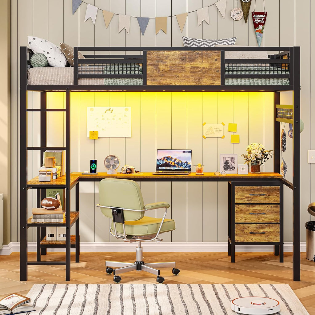 ADORNEVE Loft Bed Twin Size with L-Shaped Desk, LED Lights,Charging Station, Twin Metal Loft Bed Frame with Fabric Drawers & Shelve, 13.4" H Safety Guardrail, No Box Spring Needed, Black - Grand Goldman