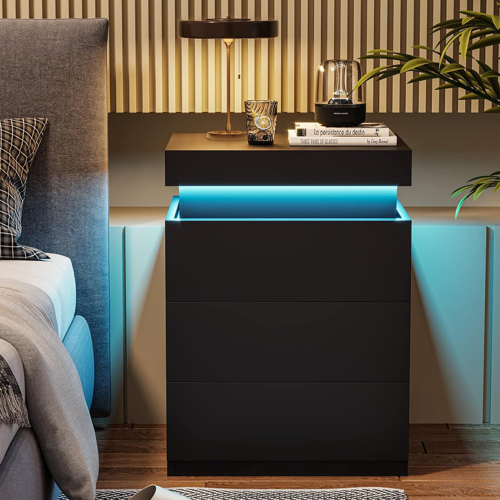 ADORNEVE Nightstand with Charging Station and LED Lights,Night Stand with Sliding Top,Bedside Table with Drawers,Modern End Side Table for Bedroom,Black - Grand Goldman