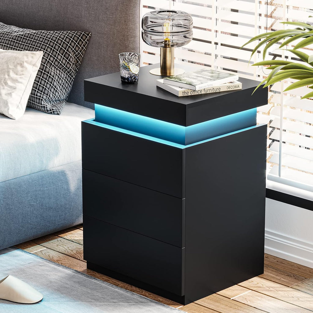 ADORNEVE Nightstand with Charging Station and LED Lights,Night Stand with Sliding Top,Bedside Table with Drawers,Modern End Side Table for Bedroom,Black - Grand Goldman