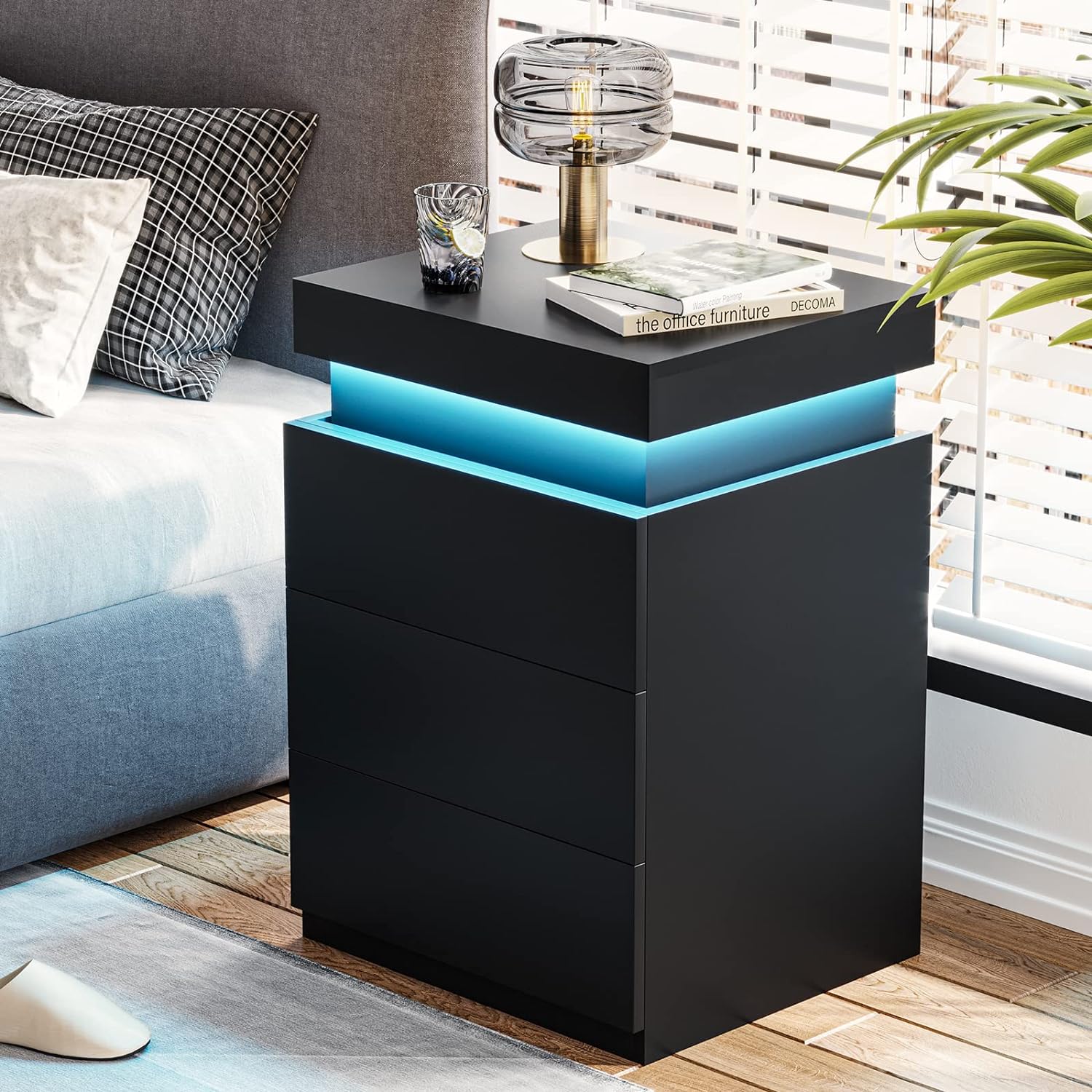 ADORNEVE Nightstand with Charging Station and LED Lights,Night Stand with Sliding Top,Bedside Table with Drawers,Modern End Side Table for Bedroom,Black - Grand Goldman
