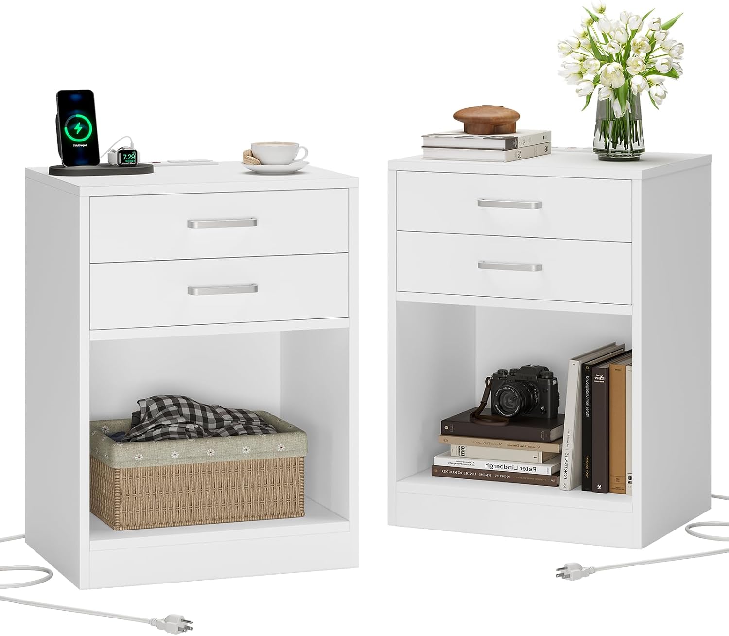 ADORNEVE Nightstands Set of 2,Grey Nightstand with Charging Station & Drawers,Night Stands for Bedrooms Set of 2 - Grand Goldman