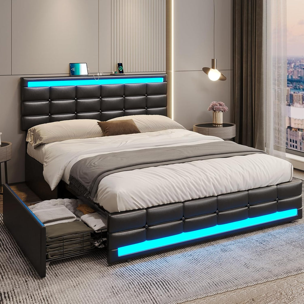 ADORNEVE Queen LED Bed Frame with 4 Drawers and 2 USB Charging Station, Upholstered Platform Queen Size Bed Frame with LED Lights Headboard Footboard, No Box Spring Needed, Dark Grey - Grand Goldman
