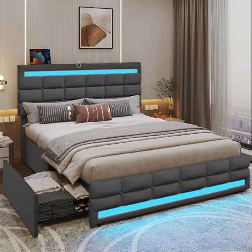 ADORNEVE Queen LED Bed Frame with 4 Drawers and 2 USB Charging Station, Upholstered Platform Queen Size Bed Frame with LED Lights Headboard Footboard, No Box Spring Needed, Dark Grey - Grand Goldman