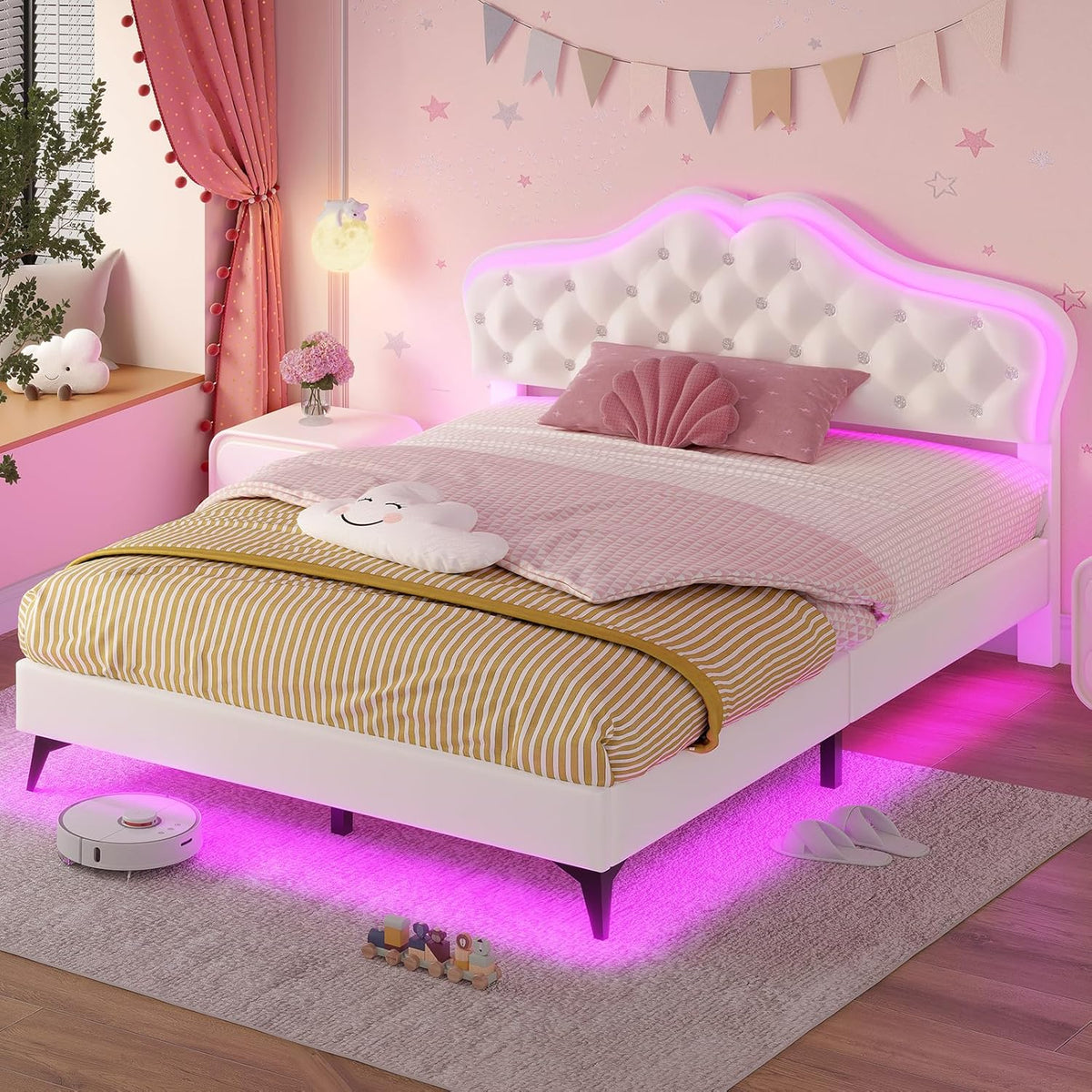 ADORNEVE Twin Bed Frame with RGB LED Lights, Princess Bed Frame with Adjustable Crystal Button Headboard, Velet Upholstered Platform Bed for Girls, Solid Wooden Slats, Easy Assembly, Creamy White - Grand Goldman