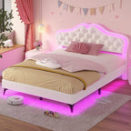 ADORNEVE Twin Bed Frame with RGB LED Lights, Princess Bed Frame with Adjustable Crystal Button Headboard, Velet Upholstered Platform Bed for Girls, Solid Wooden Slats, Easy Assembly, Creamy White - Grand Goldman