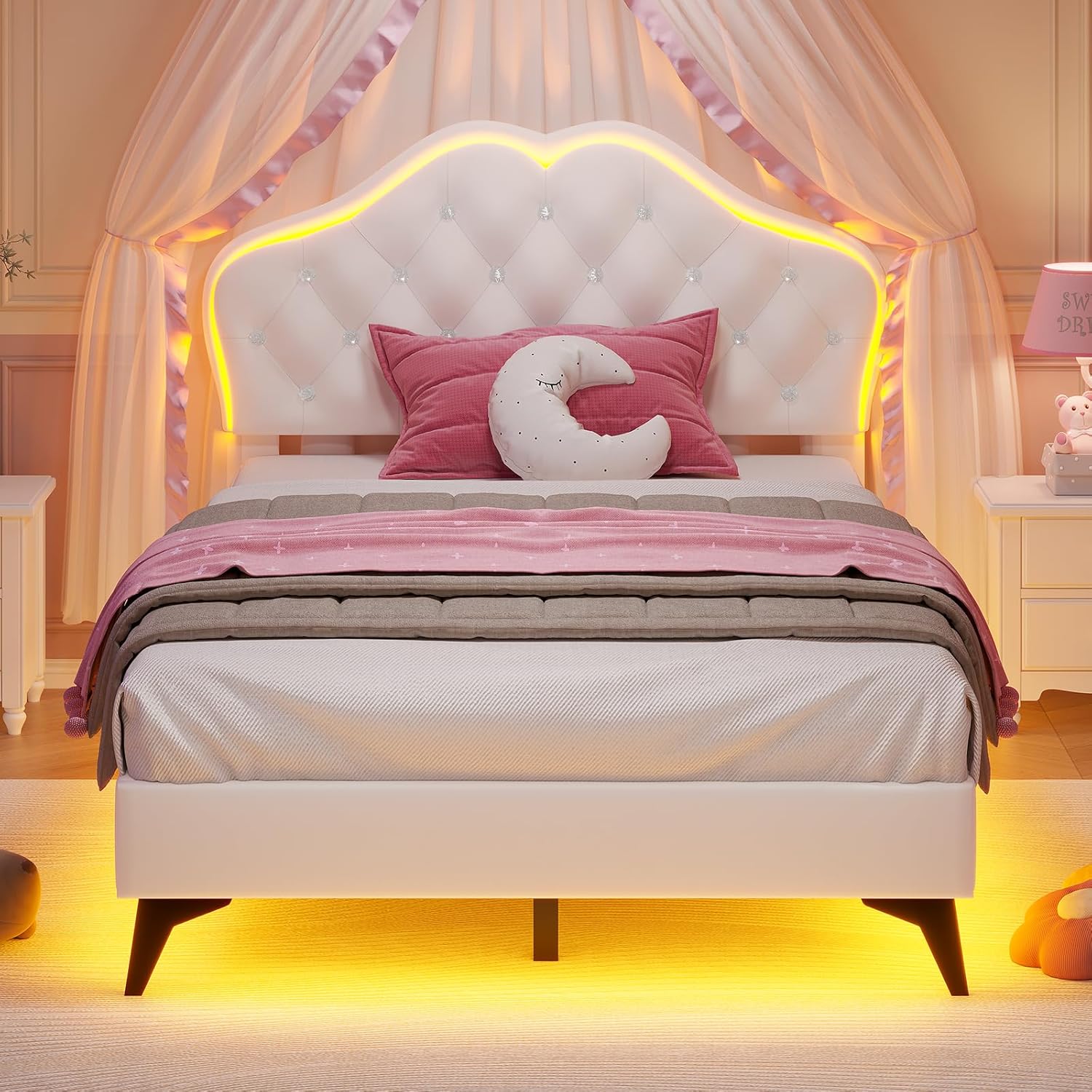 ADORNEVE Twin Bed Frame with RGB LED Lights, Princess Bed Frame with Adjustable Crystal Button Headboard, Velet Upholstered Platform Bed for Girls, Solid Wooden Slats, Easy Assembly, Creamy White - Grand Goldman