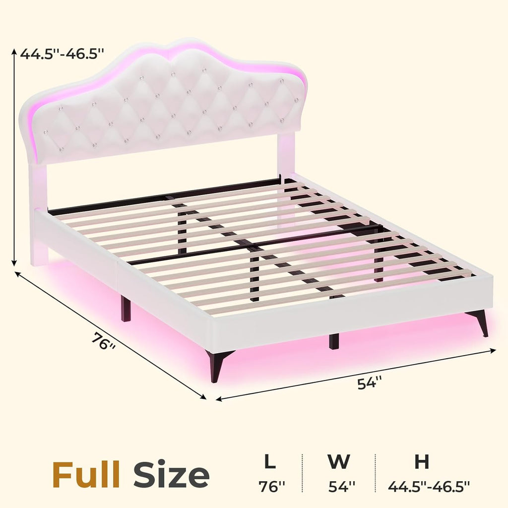 ADORNEVE Twin Bed Frame with RGB LED Lights, Princess Bed Frame with Adjustable Crystal Button Headboard, Velet Upholstered Platform Bed for Girls, Solid Wooden Slats, Easy Assembly, Creamy White - Grand Goldman