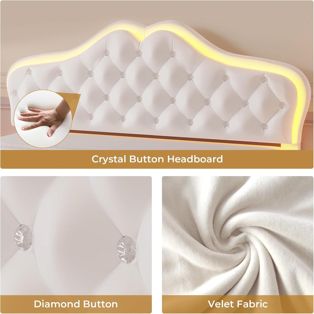 ADORNEVE Twin Bed Frame with RGB LED Lights, Princess Bed Frame with Adjustable Crystal Button Headboard, Velet Upholstered Platform Bed for Girls, Solid Wooden Slats, Easy Assembly, Creamy White - Grand Goldman