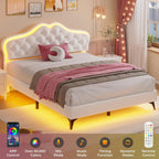 ADORNEVE Twin Bed Frame with RGB LED Lights, Princess Bed Frame with Adjustable Crystal Button Headboard, Velet Upholstered Platform Bed for Girls, Solid Wooden Slats, Easy Assembly, Creamy White - Grand Goldman