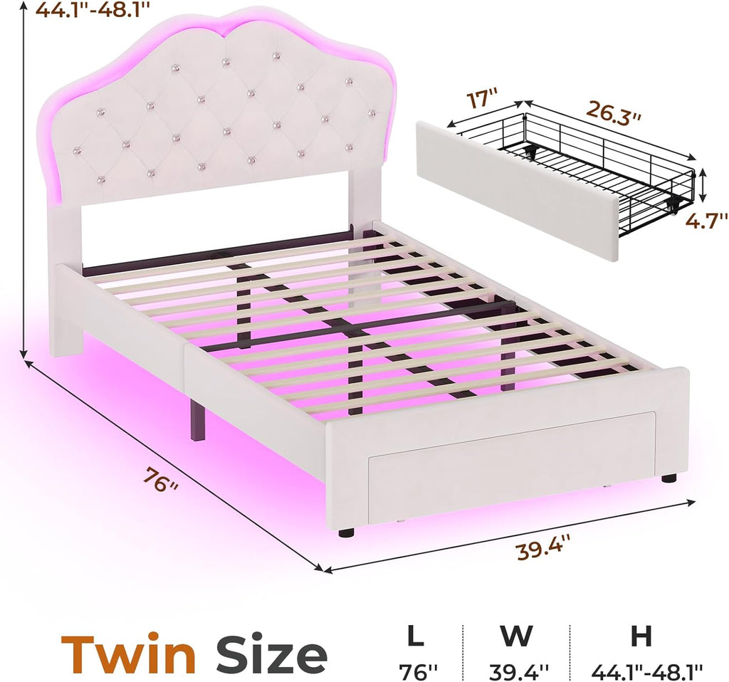 ADORNEVE Twin Bed Frame with RGB LED Lights, Princess Bed Frame with Adjustable Crystal Button Headboard, Velet Upholstered Platform Bed for Girls, Solid Wooden Slats, Easy Assembly, Creamy White - Grand Goldman