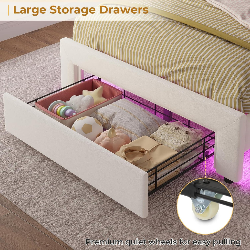 ADORNEVE Twin Bed Frame with RGB LED Lights, Princess Bed Frame with Adjustable Crystal Button Headboard, Velet Upholstered Platform Bed for Girls, Solid Wooden Slats, Easy Assembly, Creamy White - Grand Goldman