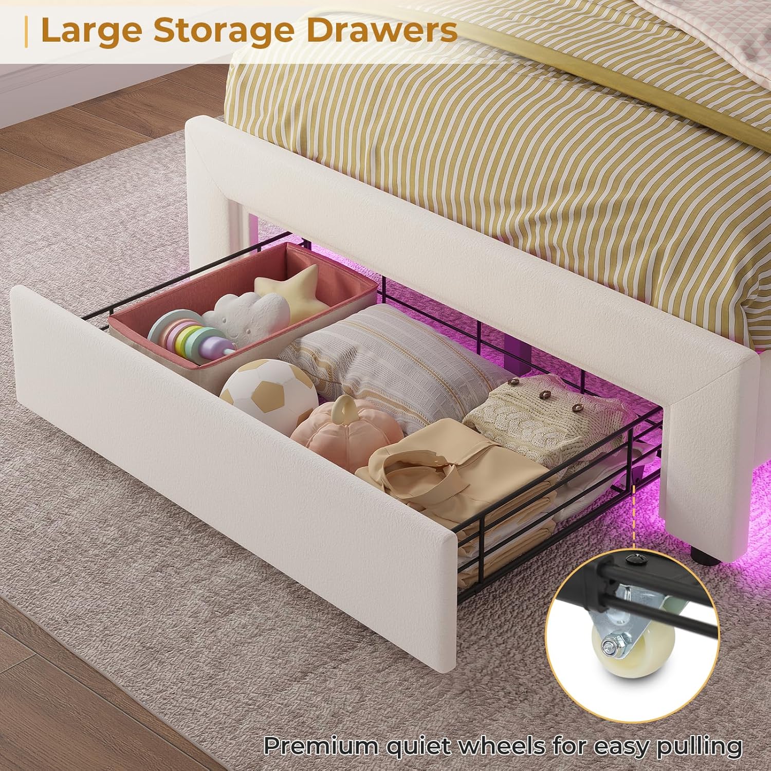 ADORNEVE Twin Bed Frame with RGB LED Lights, Princess Bed Frame with Adjustable Crystal Button Headboard, Velet Upholstered Platform Bed for Girls, Solid Wooden Slats, Easy Assembly, Creamy White - Grand Goldman