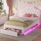 ADORNEVE Twin Bed Frame with RGB LED Lights, Princess Bed Frame with Adjustable Crystal Button Headboard, Velet Upholstered Platform Bed for Girls, Solid Wooden Slats, Easy Assembly, Creamy White - Grand Goldman