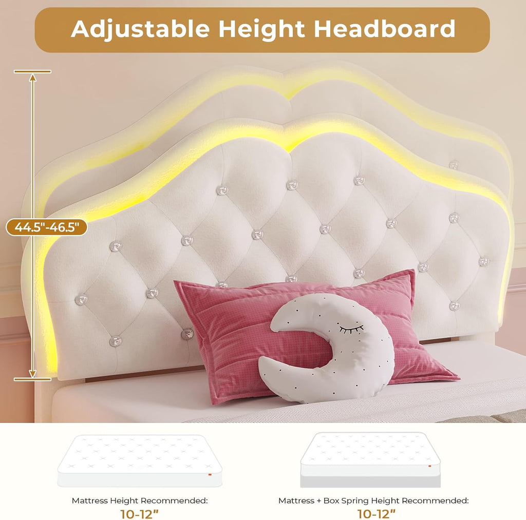 ADORNEVE Twin Bed Frame with RGB LED Lights, Princess Bed Frame with Adjustable Crystal Button Headboard, Velet Upholstered Platform Bed for Girls, Solid Wooden Slats, Easy Assembly, Creamy White - Grand Goldman