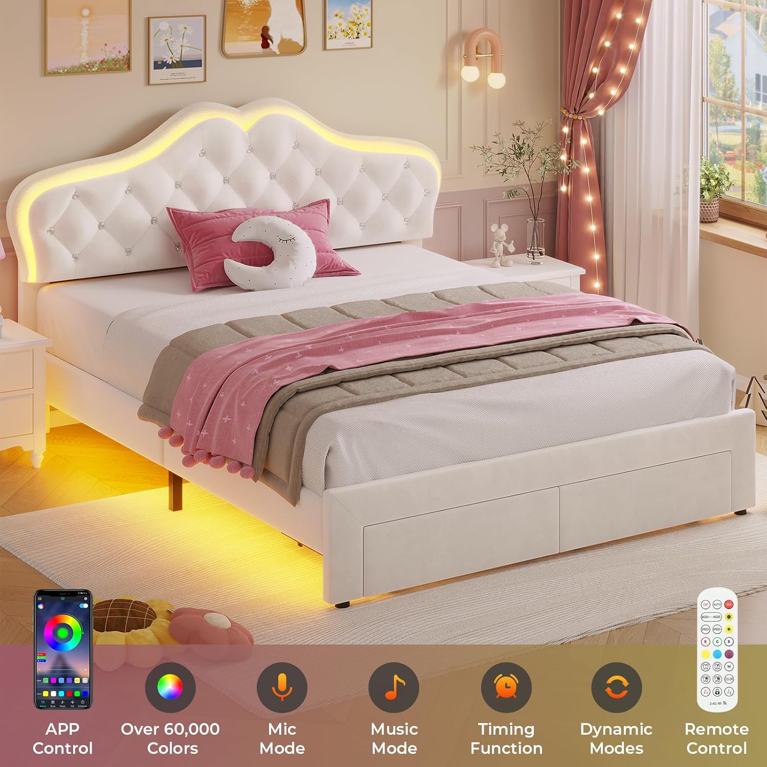 ADORNEVE Twin Bed Frame with RGB LED Lights, Princess Bed Frame with Adjustable Crystal Button Headboard, Velet Upholstered Platform Bed for Girls, Solid Wooden Slats, Easy Assembly, Creamy White - Grand Goldman