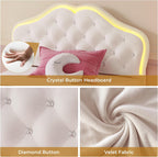 ADORNEVE Twin Bed Frame with RGB LED Lights, Princess Bed Frame with Adjustable Crystal Button Headboard, Velet Upholstered Platform Bed for Girls, Solid Wooden Slats, Easy Assembly, Creamy White - Grand Goldman