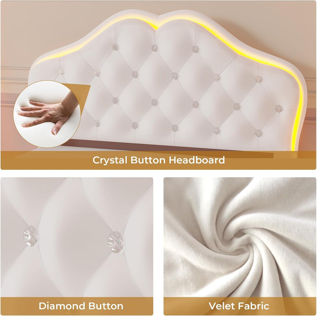 ADORNEVE Twin Bed Frame with RGB LED Lights, Princess Bed Frame with Adjustable Crystal Button Headboard, Velet Upholstered Platform Bed for Girls, Solid Wooden Slats, Easy Assembly, Creamy White - Grand Goldman