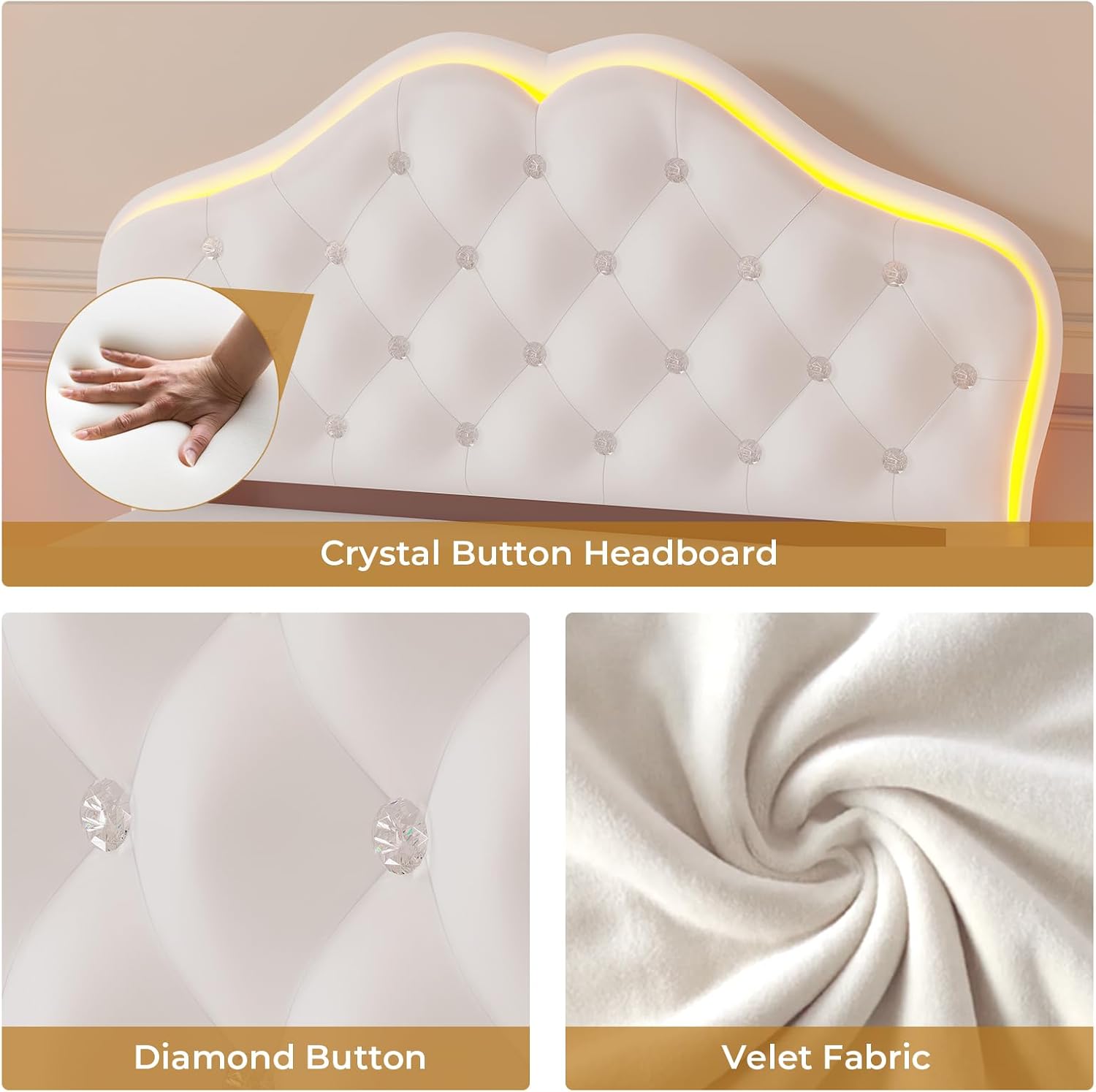 ADORNEVE Twin Bed Frame with RGB LED Lights, Princess Bed Frame with Adjustable Crystal Button Headboard, Velet Upholstered Platform Bed for Girls, Solid Wooden Slats, Easy Assembly, Creamy White - Grand Goldman