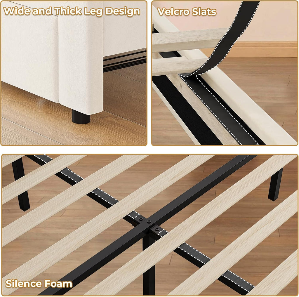 ADORNEVE Twin Bed Frame with RGB LED Lights, Princess Bed Frame with Adjustable Crystal Button Headboard, Velet Upholstered Platform Bed for Girls, Solid Wooden Slats, Easy Assembly, Creamy White - Grand Goldman