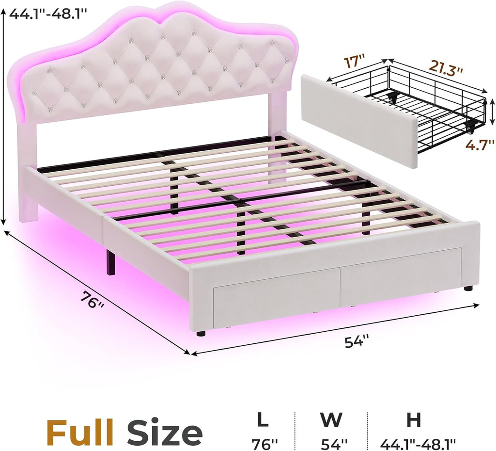 ADORNEVE Twin Bed Frame with RGB LED Lights, Princess Bed Frame with Adjustable Crystal Button Headboard, Velet Upholstered Platform Bed for Girls, Solid Wooden Slats, Easy Assembly, Creamy White - Grand Goldman