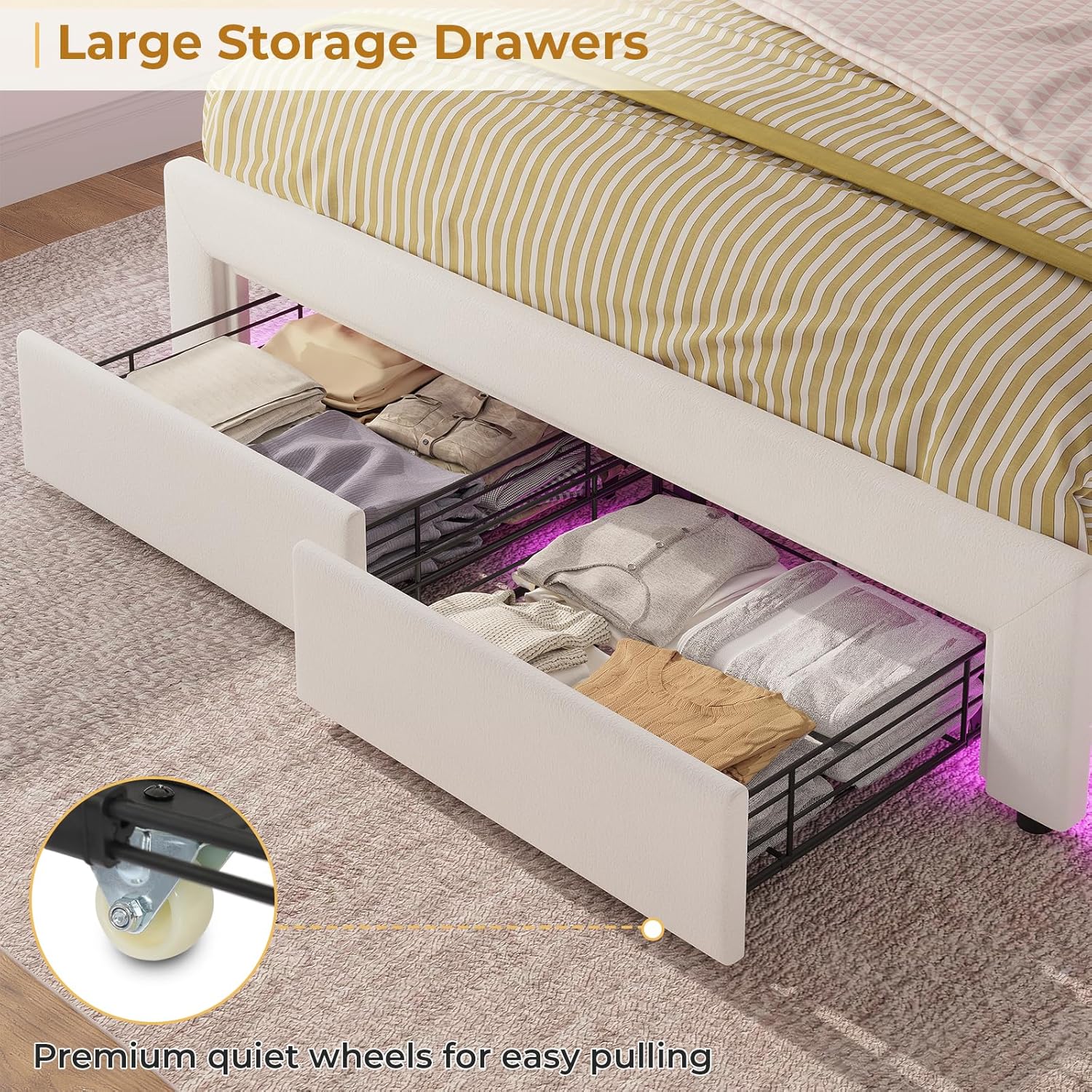 ADORNEVE Twin Bed Frame with RGB LED Lights, Princess Bed Frame with Adjustable Crystal Button Headboard, Velet Upholstered Platform Bed for Girls, Solid Wooden Slats, Easy Assembly, Creamy White - Grand Goldman