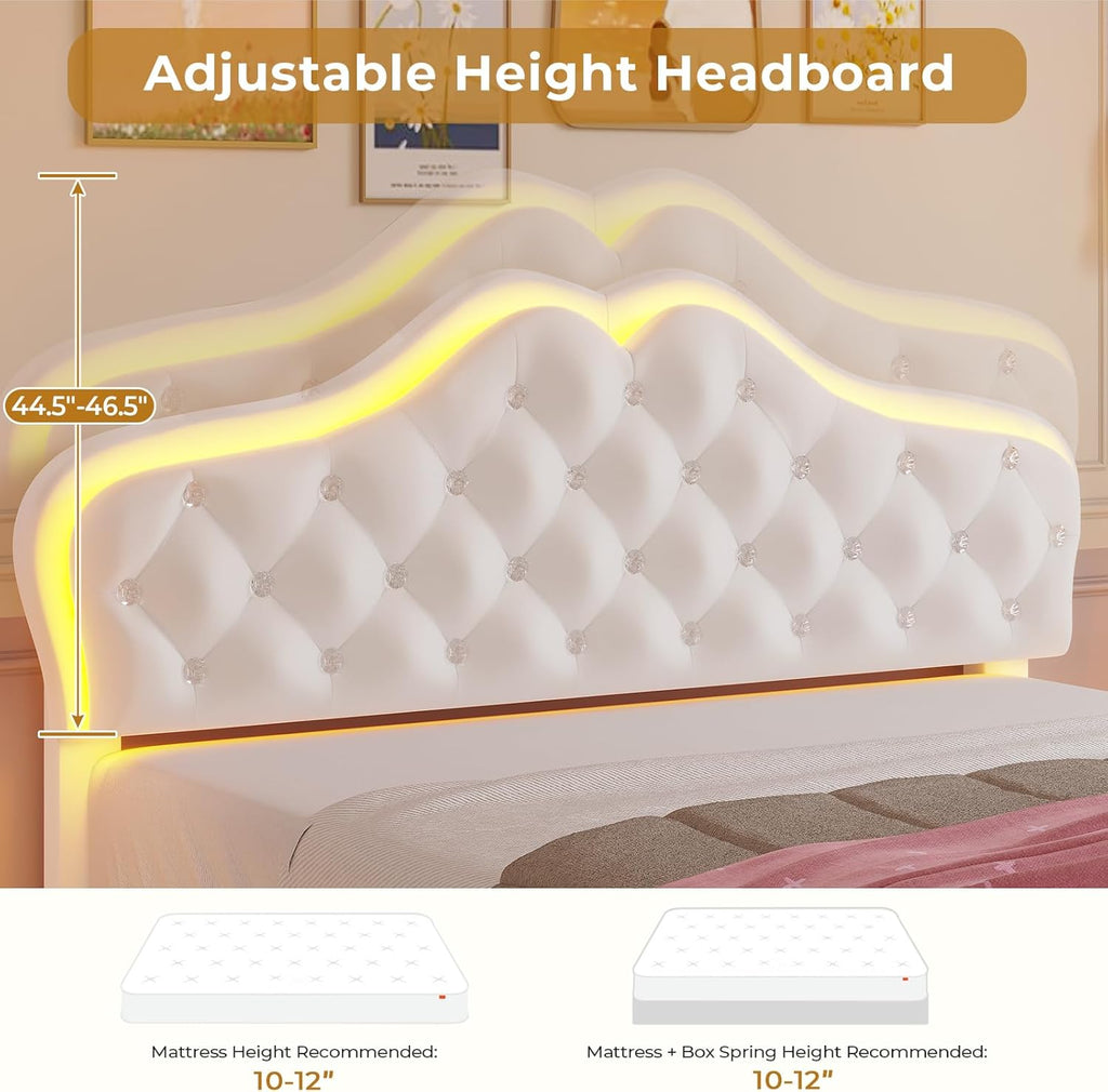 ADORNEVE Twin Bed Frame with RGB LED Lights, Princess Bed Frame with Adjustable Crystal Button Headboard, Velet Upholstered Platform Bed for Girls, Solid Wooden Slats, Easy Assembly, Creamy White - Grand Goldman